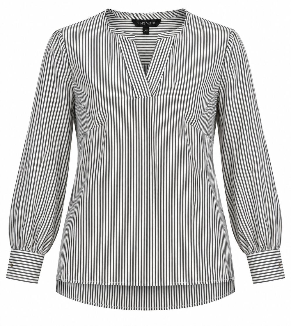 Ming Wang NWT XS Pinstripe Blouse Black White Quiet Luxury Workwear Preppy